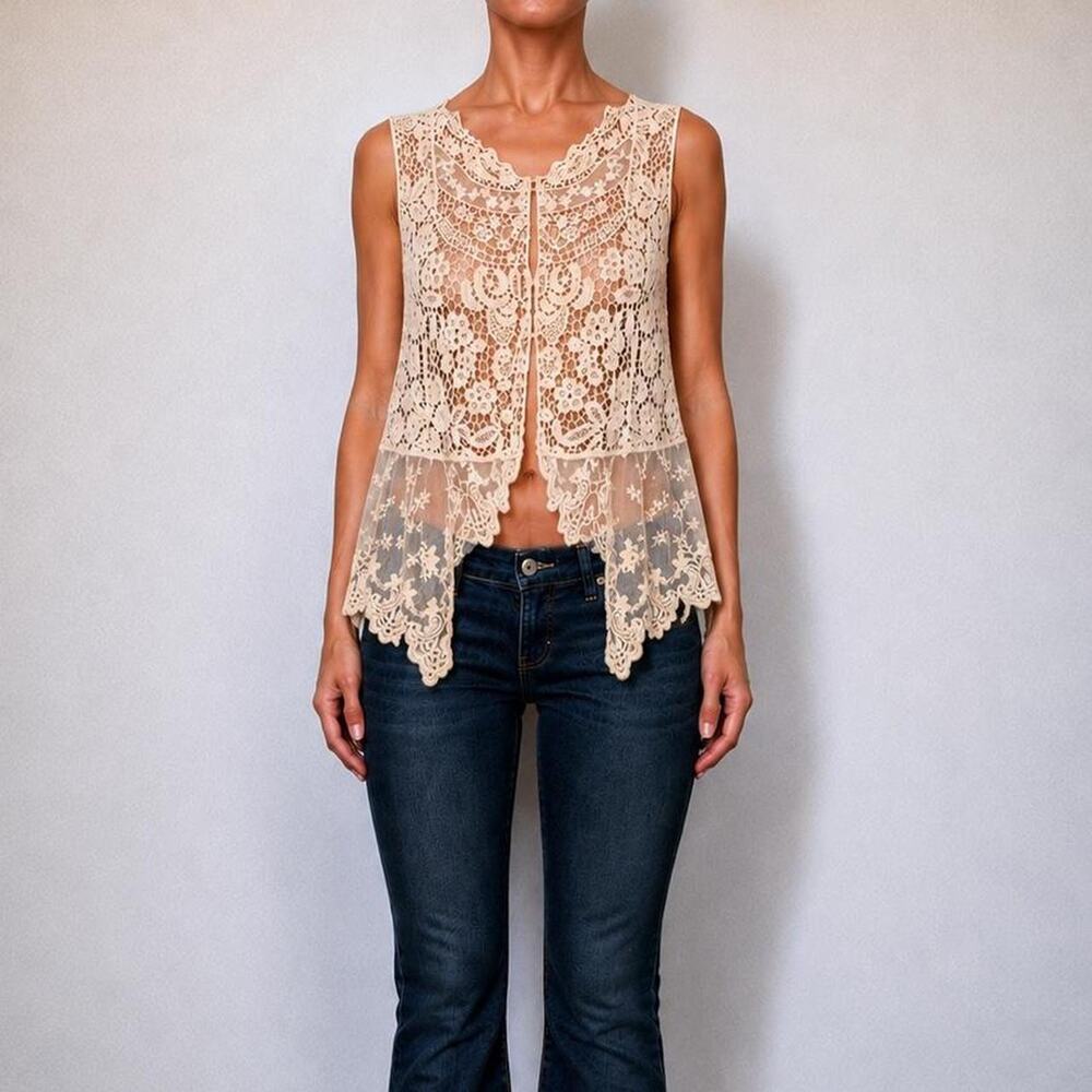 Vintage Deb Romantic Cream Crochet Mesh Lace Boho Fairy Cardigan Vest Size M